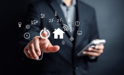 Smart home digital remote control on smartphone concept